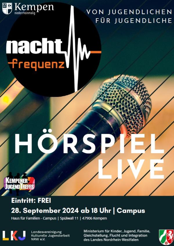 Nachtfrequenz 2024 Live Hörspiel Jugendamt flyer poster, © Jugendamt, Kulturamt Kempen Nachtfrequenz 2024 Live Hörspiel Jugendamt flyer poster, © Jugendamt, Kulturamt Kempen
