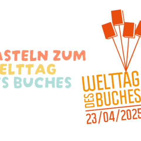 Text: Basteln zum Welttag des Buches neben dem offiziellen Logo zum Welttag des Buches